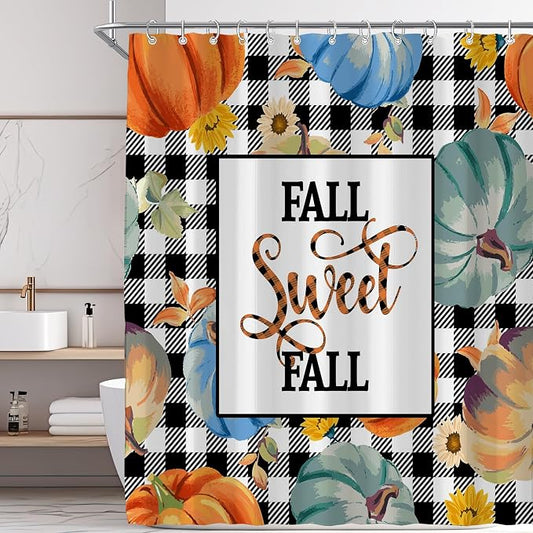 Fall Pumpkin Harvest Autumn Shower Curtain for Bathroom 72W*72H Inch Thanksgiving Rustic Black White Buffalo Plaid Maple Bathtub Autumnal Decor Waterproof Polyester Fabric Set with 12 Hooks