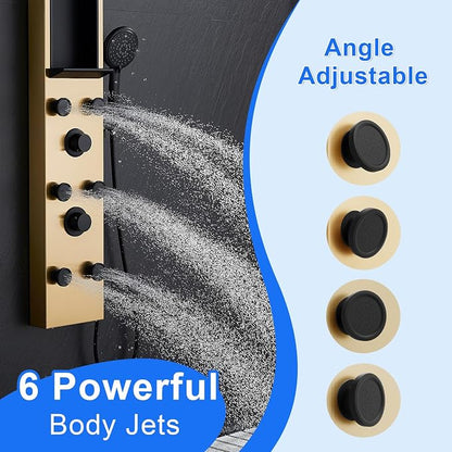 POPFLY Shower Panel Tower System with Shelf, Adjustable Shower Arm Height 8-inch Rainfall Head System, Stainless Steel Shower Panel, 6 Body Jets and 5-Setting Handheld Shower, Brushed Gold