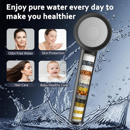 Filtered Shower Head with Handheld, High Pressure Water Flow and Multiple Spray Modes Shower Head with Filter, Power Wash for Hard Water, Showerhead with ON/OFF Switch for Pets Bath (Stone Gray) | 3 Spray,Silicone Massage Brush,Detachable Showerhead,Re...