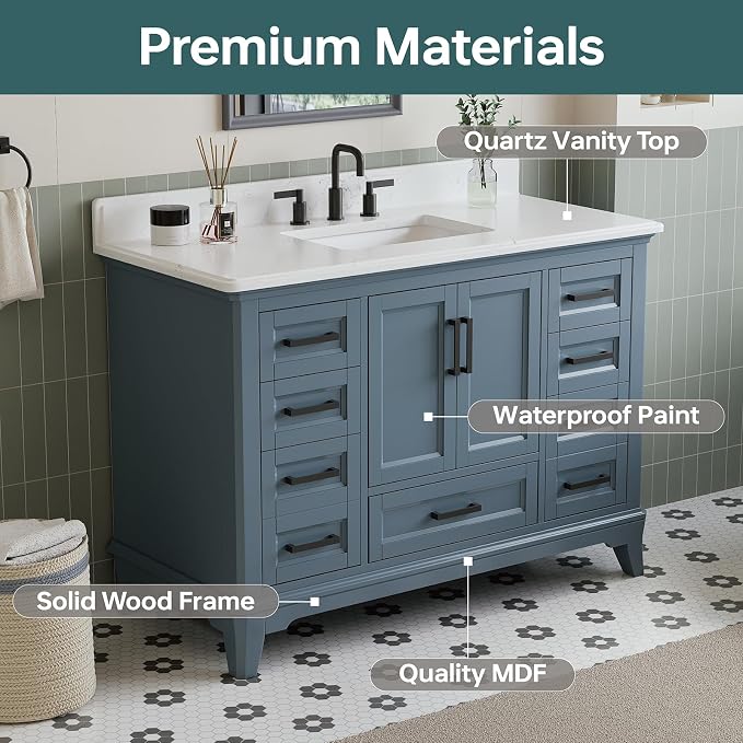 48" Bathroom Vanity with Sink, Fully Assembled, Steel Blue | Solid Wood Bathroom Vanities Set with Quartz Countertop, 2 Soft Close Doors & 7 Full Extension Dovetail Drawers