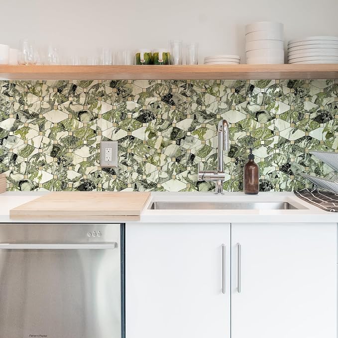 STICKGOO 10 Sheets Peel and Stick Backsplash, Polished Green Marble Look PVC Mixed Metal Gold Kitchen Backsplash, Stick on Backsplash Wall Tiles for Kitchen, Bathroom, RV