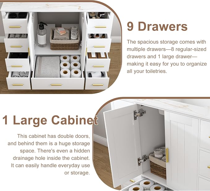 42 Inch Bathroom Vanity with Sink&Countertop,Calacatta Gold Sintered Stone Counter Top with Sink&Backsplash,White Bathroom Cabinet Set with 2 Doors and 9 Drawer(Three Holes)