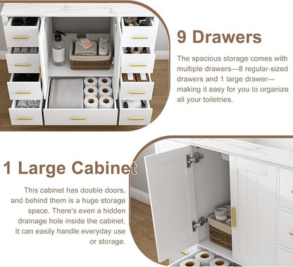 42 Inch Bathroom Vanity with Sink&Countertop,Calacatta Gold Sintered Stone Counter Top with Sink&Backsplash,White Bathroom Cabinet Set with 2 Doors and 9 Drawer(Three Holes)