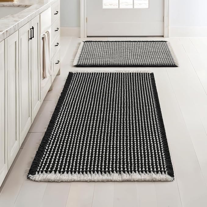 MIULEE Set of 2 Waffle Bathroom Rugs Black&Cream Bath Mat 17"x24"+18"x30" | Non Slip, Super Absorbent, Washable, Ultra Soft, Rubber Backed, Small Boho Bath Rugs for Bathroom Floor Tub Shower