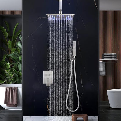 Aolemi Ceiling Shower Faucet Set with Handheld 10" LED Head Brushed Nickel | Handheld Spray,10 Inch Rain LED Head,Shower Valve and Trim Kit,All Metal,Ceiling System,Bathroom Mixer