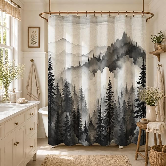 Litabel Black Linen Misty Pine Forest Shower Curtain, Mountain Foggy Woodland Cotton Shower Curtains for Chic Rustic Bathroom, Abstract Modern Waterproof Nature-Themed Decor, 72 x 72