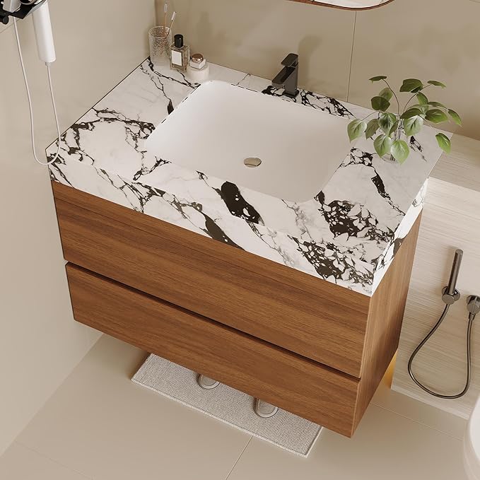30 inch Modern Floating Bathroom Vanity with Faux Marble Countertop and Ceramic Sink, Wall-Mounted Bathroom Vanity Cabinet with 2 Soft Closing Drawers for Bathroom, Powder Room, Apartment, Walnut