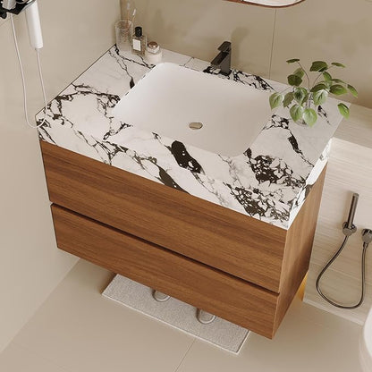 30 inch Modern Floating Bathroom Vanity with Faux Marble Countertop and Ceramic Sink, Wall-Mounted Bathroom Vanity Cabinet with 2 Soft Closing Drawers for Bathroom, Powder Room, Apartment, Walnut