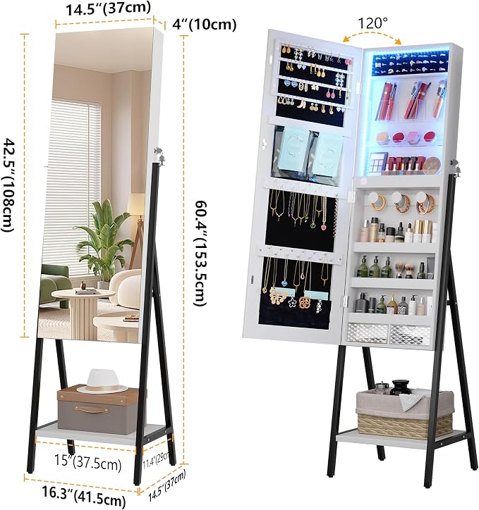 LVSOMT 3 LEDs Mirror Jewelry Cabinet, 60.4" Jewelry Mirror Full Length, Standing Lockable Jewelry Armoire Organizer, Floor Mirror with Storage for Jewelry Cosmetics, White