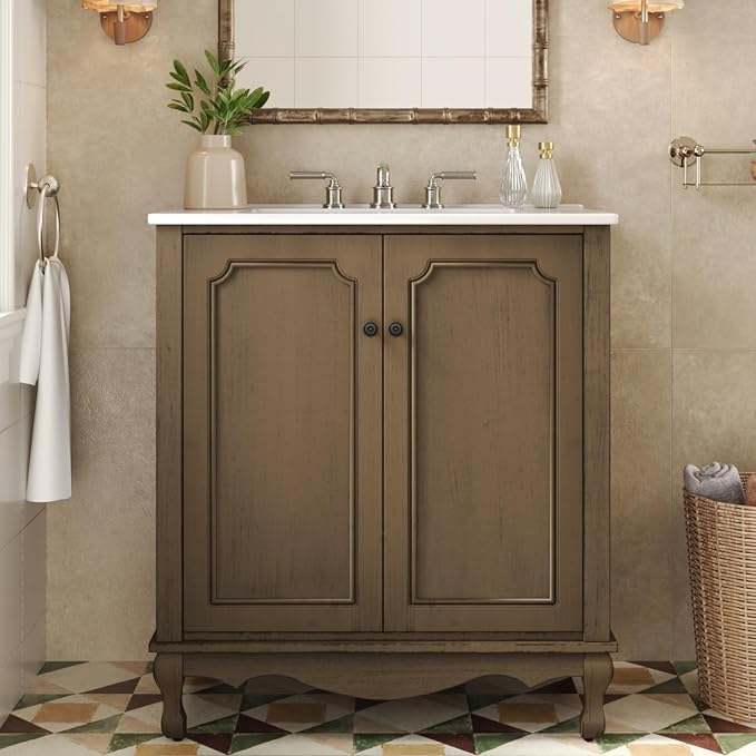 Merax 30" Vintage Bathroom Vanity with Sink, Bathroom Storage Vanity Cabinet with 2 Doors & Rubber Wood Legs & Adjustable Shelves & Antique Handles, Soft-Close Hinges, Antique Brown