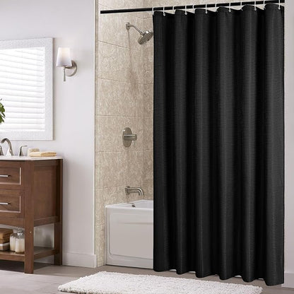 Stall Black Fabric Shower Curtain, 54 x 72 | 54 Inch Wide Solid Black Weave Textured Fabric Shower Curtain for Bathroom, Water Repellent