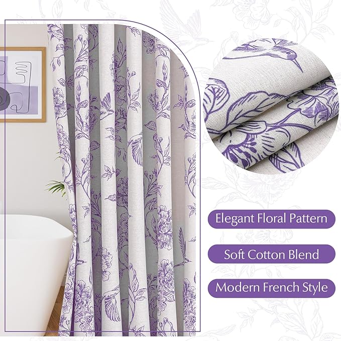 MitoVilla Purple Farmhouse Shower Curtain Set, Cotton Floral Hummingbird Cottagecore Spring Shower Curtains for Bathroom, Modern Country Bathroom Décor, 72" W x 72" L
