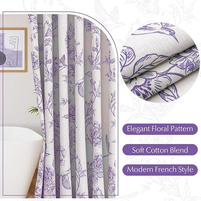 MitoVilla Purple Farmhouse Shower Curtain Set, Cotton Floral Hummingbird Cottagecore Spring Shower Curtains for Bathroom, Modern Country Bathroom Décor, 72" W x 72" L