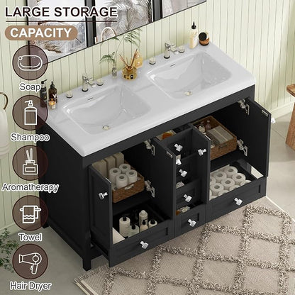 48" Bathroom Vanities with Sink Combo, Modern Double Bathroom Vanity with 4 Doors & 5 Drawers, Freestanding White Bathroom Cabinet with Double Ceramic Sink, Black