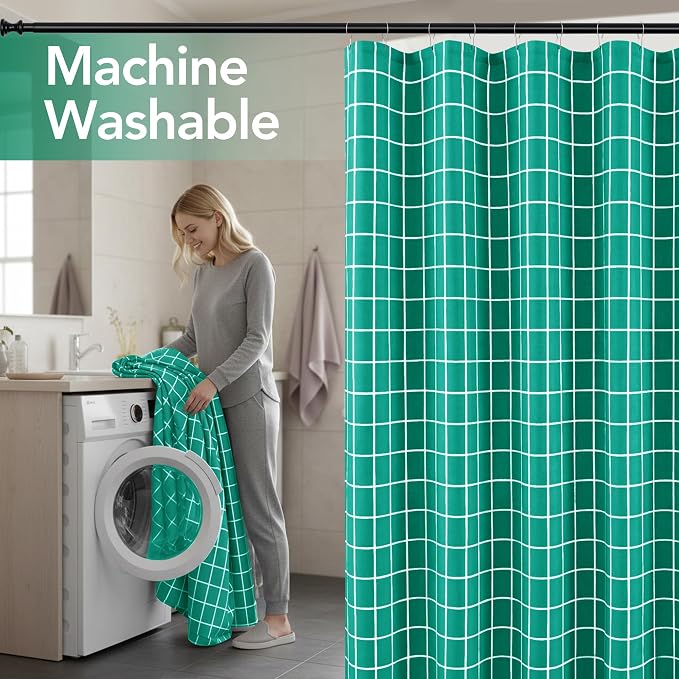 Fabric Shower Curtains for Bathroom-Cloth Modern Farmhouse Shower Curtain | 70"Wx72"L Turquoise Faux Linen Grid Minimalist Simple Rustic Neutral Guest Bathroom-Geometric Plaid Washable Hotel Quality