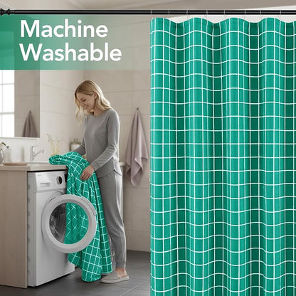 Fabric Shower Curtains for Bathroom-Cloth Modern Farmhouse Shower Curtain | 70"Wx72"L Turquoise Faux Linen Grid Minimalist Simple Rustic Neutral Guest Bathroom-Geometric Plaid Washable Hotel Quality