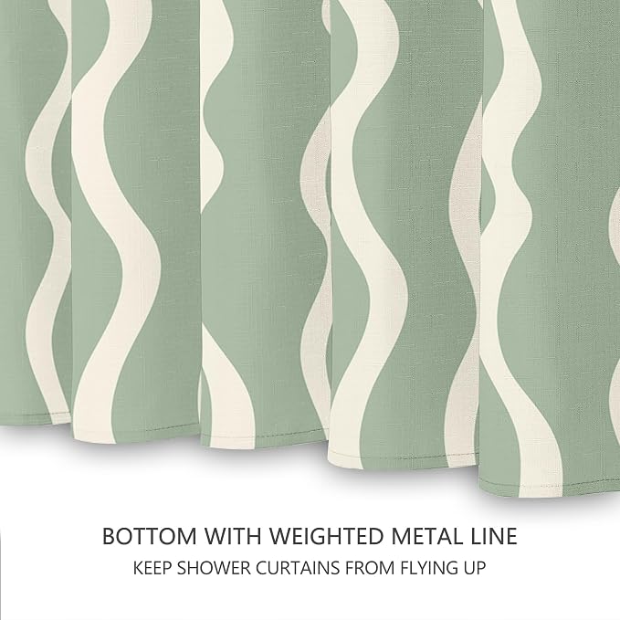 Tititex Cute Curvy Wavy Lines 140gsm Faux Linen Fabric Shower Curtain, Elegant Beige Sage Green Wave Striped Shower Curtain Sets Decoration 72x72 Inch with Hooks