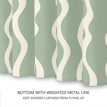 Tititex Cute Curvy Wavy Lines 140gsm Faux Linen Fabric Shower Curtain, Elegant Beige Sage Green Wave Striped Shower Curtain Sets Decoration 72x72 Inch with Hooks