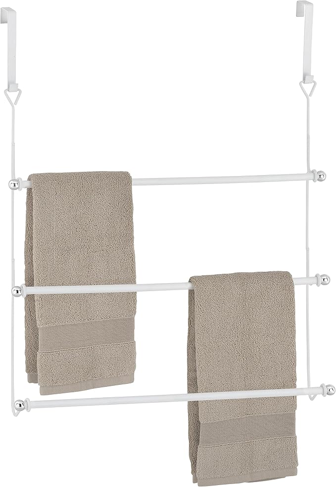 MyGift 3 Tier Over Door Towel Holder White Metal Bathroom Drying Rack | Three Level Storage, Space Saving Design, Easy Door Mounting, Bath Linen Organization, Compact Home Solution