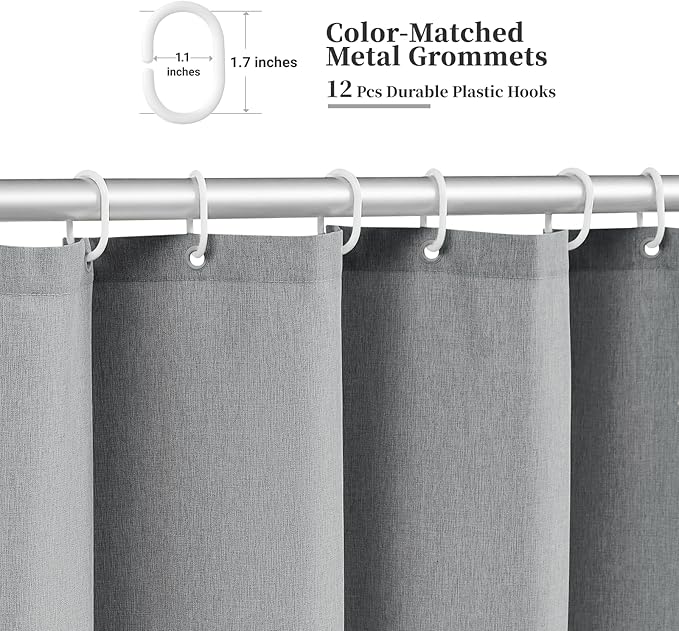 BTTN 84 Inch Scalloped Shower Curtain, Extra Tall Boho Linen Textured Cloth Shower Curtain Set with 12 Hooks, Long Modern Neutral Waterproof Washable Fabric Shower Curtains for Bathroom - Gray/Gray