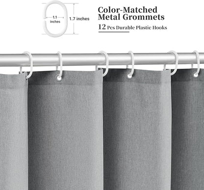 BTTN Grey Scalloped Shower Curtain, Gray Boho Linen Textured Fabric Shower Curtain Set with Plastic Hooks, Neutral Decorative Waterproof Polyester Shower Curtains with Black Edge for Bathroom, 72x72