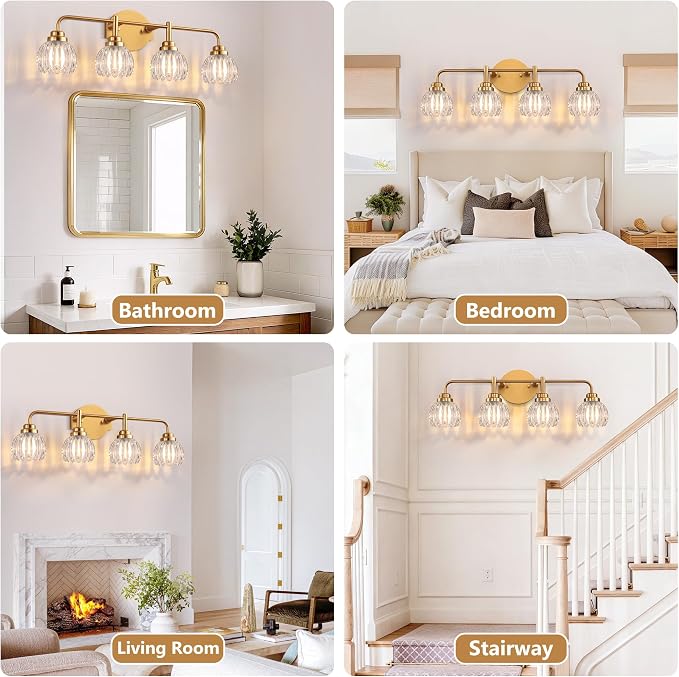 Vintage Bathroom Vanity Light, 4 Light Brushed Gold Fixture Over Mirror | Vintage Vanity Light, Brushed Gold Metal & Crystal Glass Shade, 4 Light Fixture Over Mirror for Bathroom Bedroom
