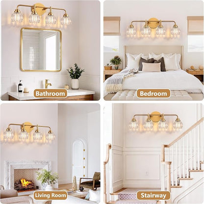 Vintage Bathroom Vanity Light, 4 Light Brushed Gold Fixture Over Mirror | Vintage Vanity Light, Brushed Gold Metal & Crystal Glass Shade, 4 Light Fixture Over Mirror for Bathroom Bedroom