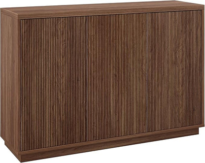 Henn&Hart 47.5'' Fluted Sideboard Buffet Cabinet, Ribbed Modern Wooden Credenza with 3 Doors, Adjustable Shelves, and Cable Management Cut-Outs for Dining Room, Kitchen or Living Room, Satin Walnut