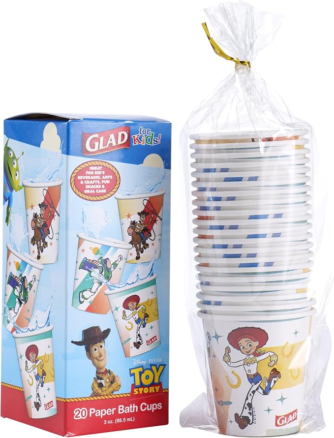 Glad for Kids Disney Pixar Toy Story Mini Paper Cups, 3 Oz, 20 Count | Soak-proof bathroom rinse cups sized for little hands, colorful Toy Story characters