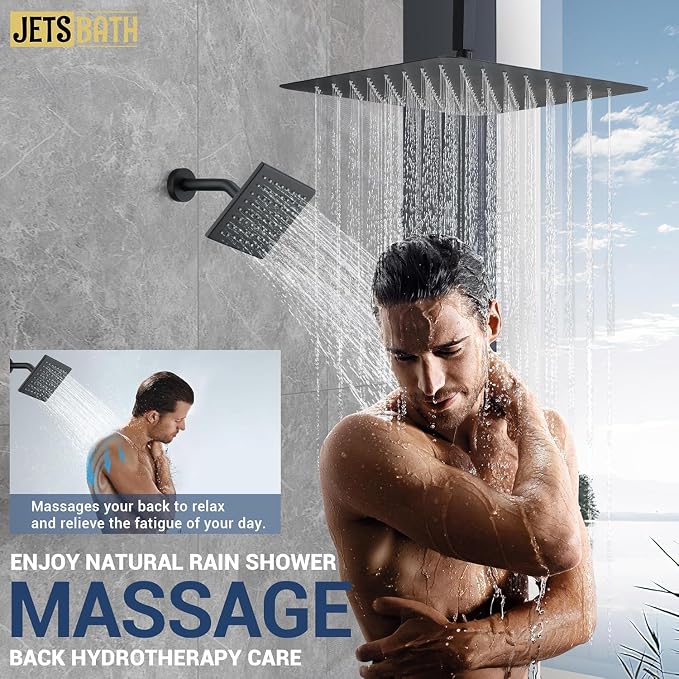 16" Thermostatic Dual Rainfall Head Matte Black Shower System | Ceiling Mounted Full Body Shower Faucet Set with Thermostatic Valve for Couples/ 2-Person，16“+6”Shower Head & handheld