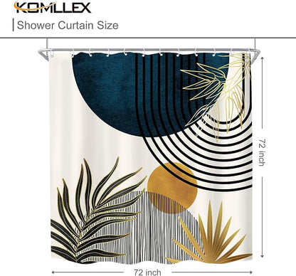 KOMLLEX Mid Century Blue Boho Abstract Modern Bathroom Shower Curtain Set | 72Wx72L Plant Botanical design, waterproof HD print with fast-drying fabric and 12 hooks.
