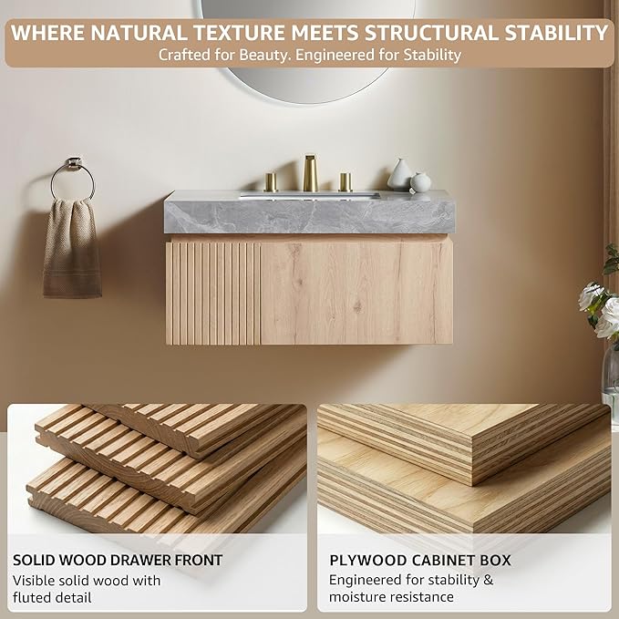 30” Floating Bathroom Vanity with Sink, Wall-Mounted Cabinet with Drawer & Doors, Gray Travertine-Pattern Sintered Stone Top, Undermount Basin, 3 Faucet Hole, Soft-Close, Pre-Assembled, Light Oak
