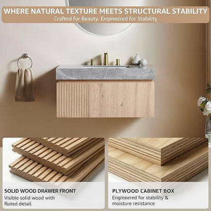 30” Floating Bathroom Vanity with Sink, Wall-Mounted Cabinet with Drawer & Doors, Gray Travertine-Pattern Sintered Stone Top, Undermount Basin, 3 Faucet Hole, Soft-Close, Pre-Assembled, Light Oak