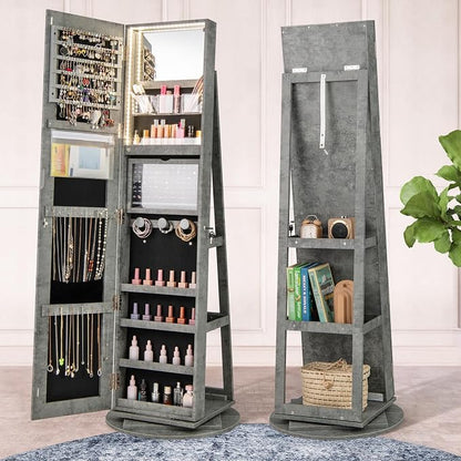 MAT EXPERT 360° Rotating Jewelry Armoire, Lockable Freestanding Jewelry Organizer w/Full-length Mirror, 3-Color LED Lights, Rear Storage Shelves, Mirror Jewelry Cabinet for Bedroom (Stone Gray)