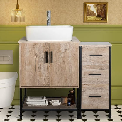 UEV 36" Bathroom Vanity, Oak Color Bathroom Vanity Set with Sink and 3 Drawers Side Cabinet Combo, with Adjustable Water Temperature Faucet (T03)