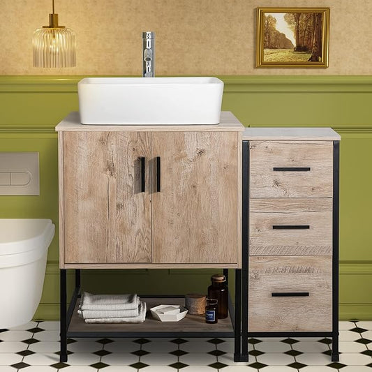 UEV 36" Bathroom Vanity, Oak Color Bathroom Vanity Set with Sink and 3 Drawers Side Cabinet Combo, with Adjustable Water Temperature Faucet (T03)