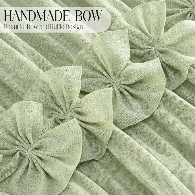 Ruffle Farmhouse Linen Shower Curtain with Vintage Bow Green 72" W x 72" H | Linen Blend Fabric, Ruffle Bow and Ruffled Hem，Linen Texture，Machine Washable，12 Metal Holes and Plastic Hooks
