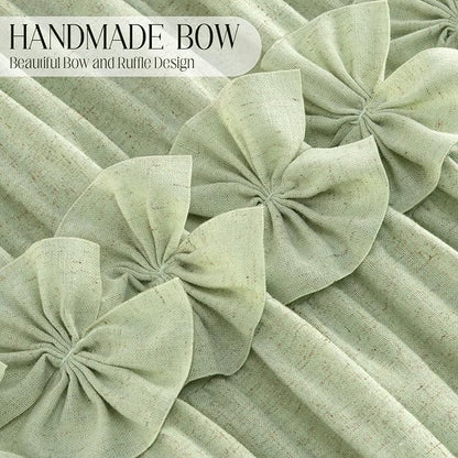 Ruffle Farmhouse Linen Shower Curtain with Vintage Bow Green 72" W x 72" H | Linen Blend Fabric, Ruffle Bow and Ruffled Hem，Linen Texture，Machine Washable，12 Metal Holes and Plastic Hooks