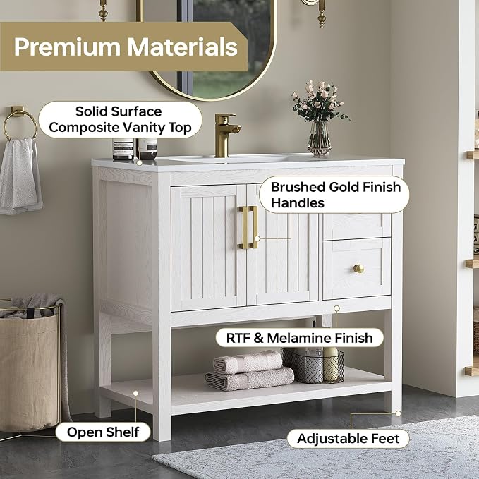 36 Inch Bathroom Vanity with Sink, White | Modern Vanity with gold hardware, integrated SMC sink, 2 drawers, open shelf storage, soft-close doors and adjustable feet