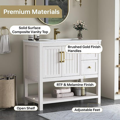 36 Inch Bathroom Vanity with Sink, White | Modern Vanity with gold hardware, integrated SMC sink, 2 drawers, open shelf storage, soft-close doors and adjustable feet