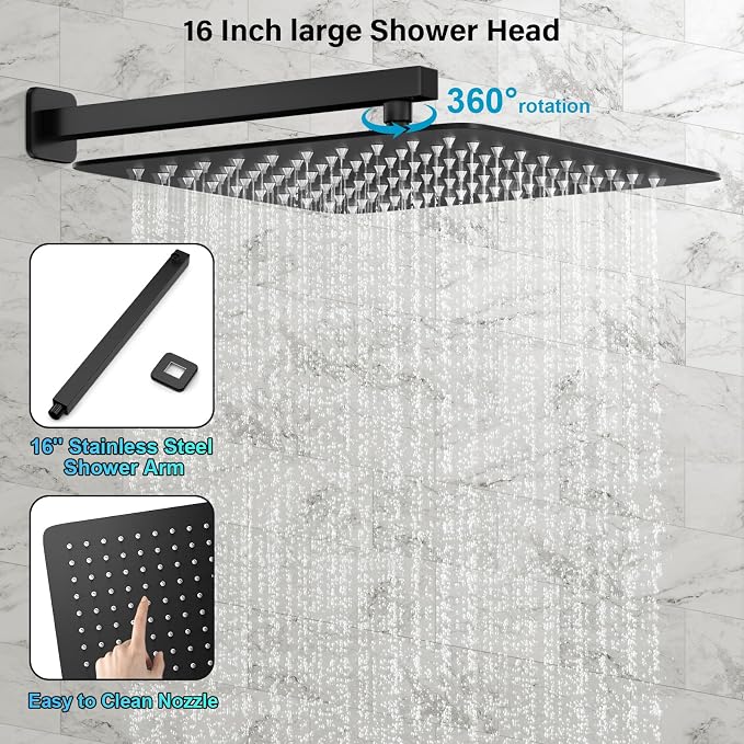 FPXRNG Shower Faucet Set Rainfall Shower System with Square Shower Head and Handle Set Rough-in Valve and Metal Trim Kit Included Matte Black 16 Inch Wall Mounted Shower Fixtures