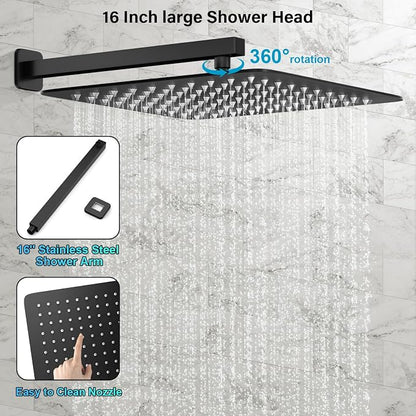 FPXRNG Shower Faucet Set Rainfall Shower System with Square Shower Head and Handle Set Rough-in Valve and Metal Trim Kit Included Matte Black 16 Inch Wall Mounted Shower Fixtures