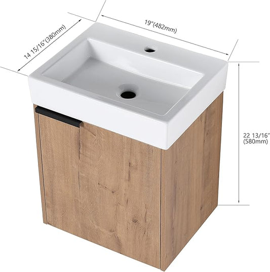 18 Inch Wall Mount Bathroom Vanity, 18'' Floating Bathroom Vanity with Sink, Single Sink Cabinet Combo, Modern Storage Cabinet, with Soft Closing Door, Imitative Oak, 01518IMO