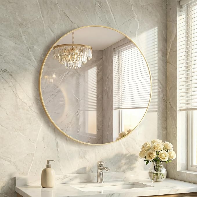 28 Inch Gold Round Bathroom Wall Mirror, Round Mirrors for Wall Decor, Circle Mirror for with HD Shatter-Proof Glass for Entryway, Living Room, Bedroom, Dressing Room, Home Decor