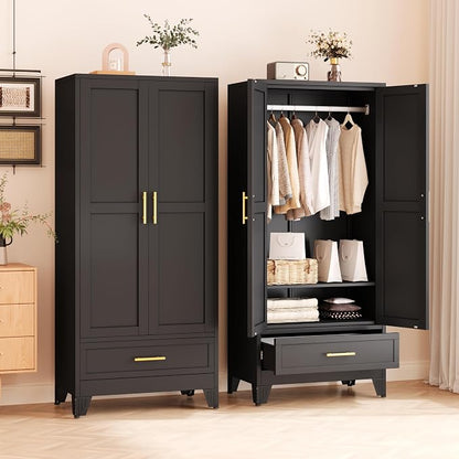 winiowa Metal Armoire Wardrobe Closet with Drawer, 71" Wardrobe Cabinet with Adjustable Shelves and Hanging Rod, Clothing Storage Cabinet Closet for Bedroom-Black