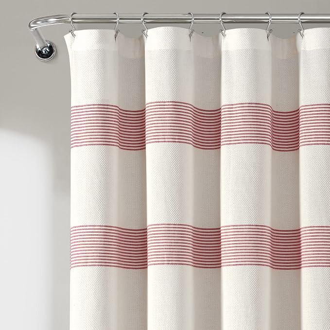 Lush Decor Tucker Stripe Yarn Dyed Cotton Knotted Tassel Shower Curtain, 72" x 72", White & Red