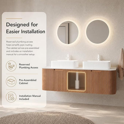 60 Inch Double Sink Bathroom Vanity, Floating Wall Mounted Cabinet, Natural Woodgrain Curved Fluted Front, Stone Top, Dual White Textured Rectangular Vessel Basins, Pre-Assembled