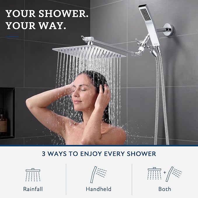 G-Promise All Metal 8" Rain Shower Head with Handheld for Bathroom Upgrade | All Metal, Built to Last, Easy Install, Adjustable Height & Angle for All Heights, Extra Long Hose, Modern Upgrade