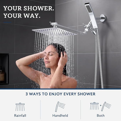G-Promise All Metal 8" Rain Shower Head with Handheld for Bathroom Upgrade | All Metal, Built to Last, Easy Install, Adjustable Height & Angle for All Heights, Extra Long Hose, Modern Upgrade