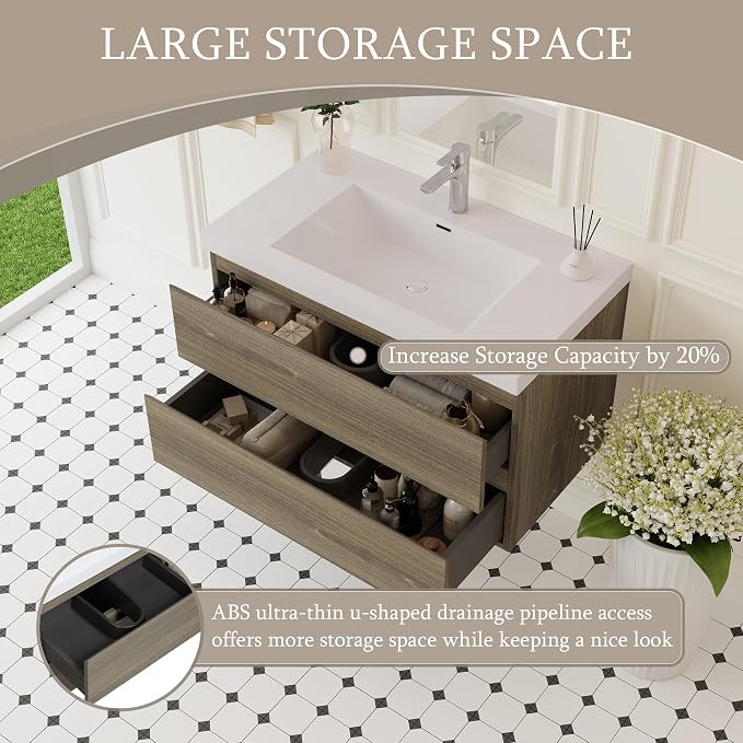 Floating Bathroom Vanity with Sink, 36" Wall-Mounted Bathroom Vanity | Resin Top Basin and Soft Close Drawers, No Assembly Required, Ash Grey